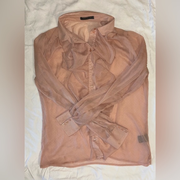 Suzy Shier pink flowy blouse with white polkadots and ruffles. Size Medium. - Picture 1 of 3